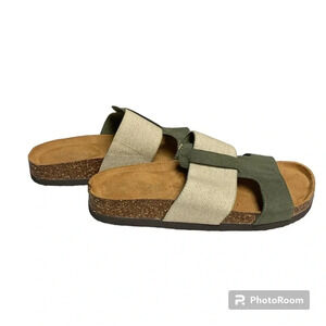 Axxiom tan/green/cream slip on sandals no size but maybe a 7.5.  NWOT